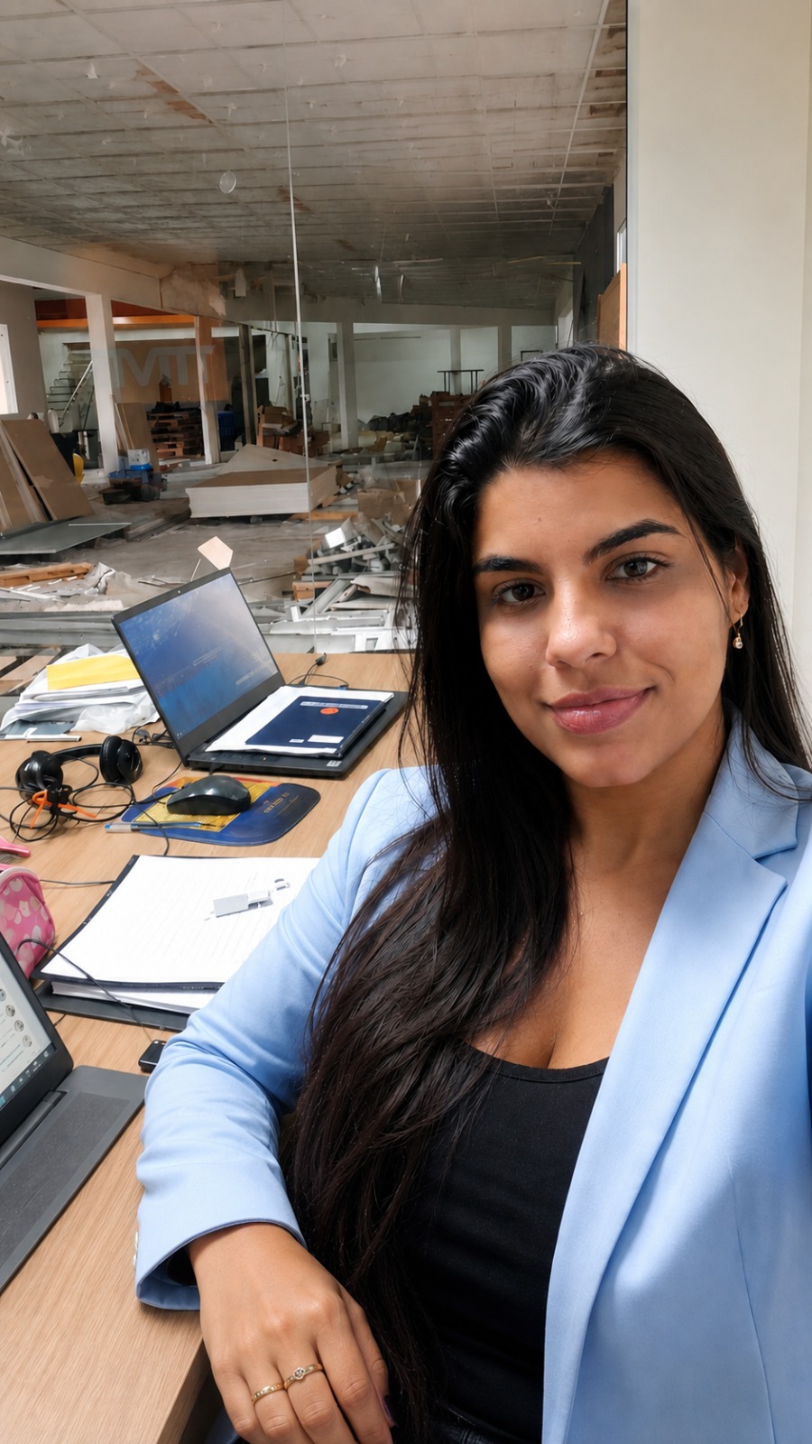 Elisama no escritório de engenharia, sorrindo ao lado de sua mesa de trabalho